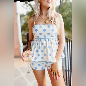 NWT Mable Dusty Blue Polka Dot Peplum Tunic And Short Set, Size Medium